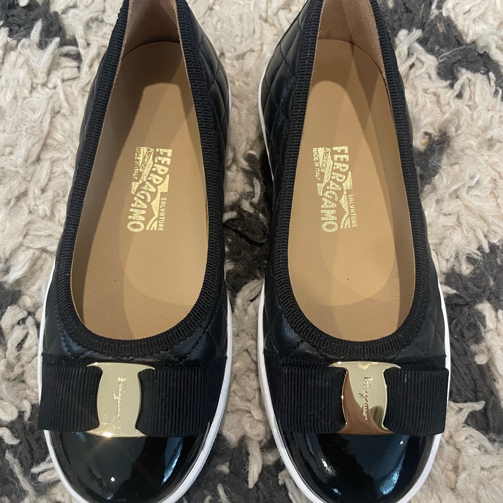 Salvatore Ferragamo Black Patent Flats with Gold Buckle size 27